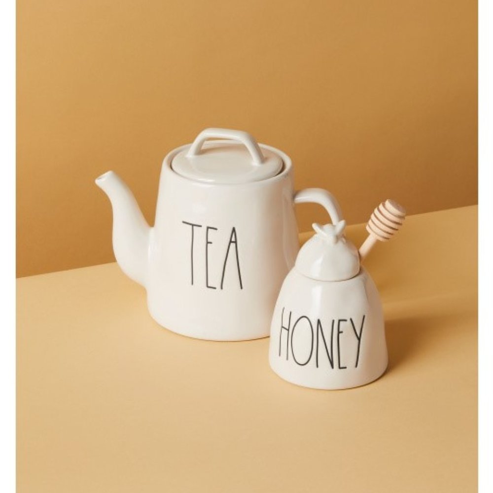 Rae Dunn Tea Pot & Honey Pot with Dipper, 5 piece set, Ceramic